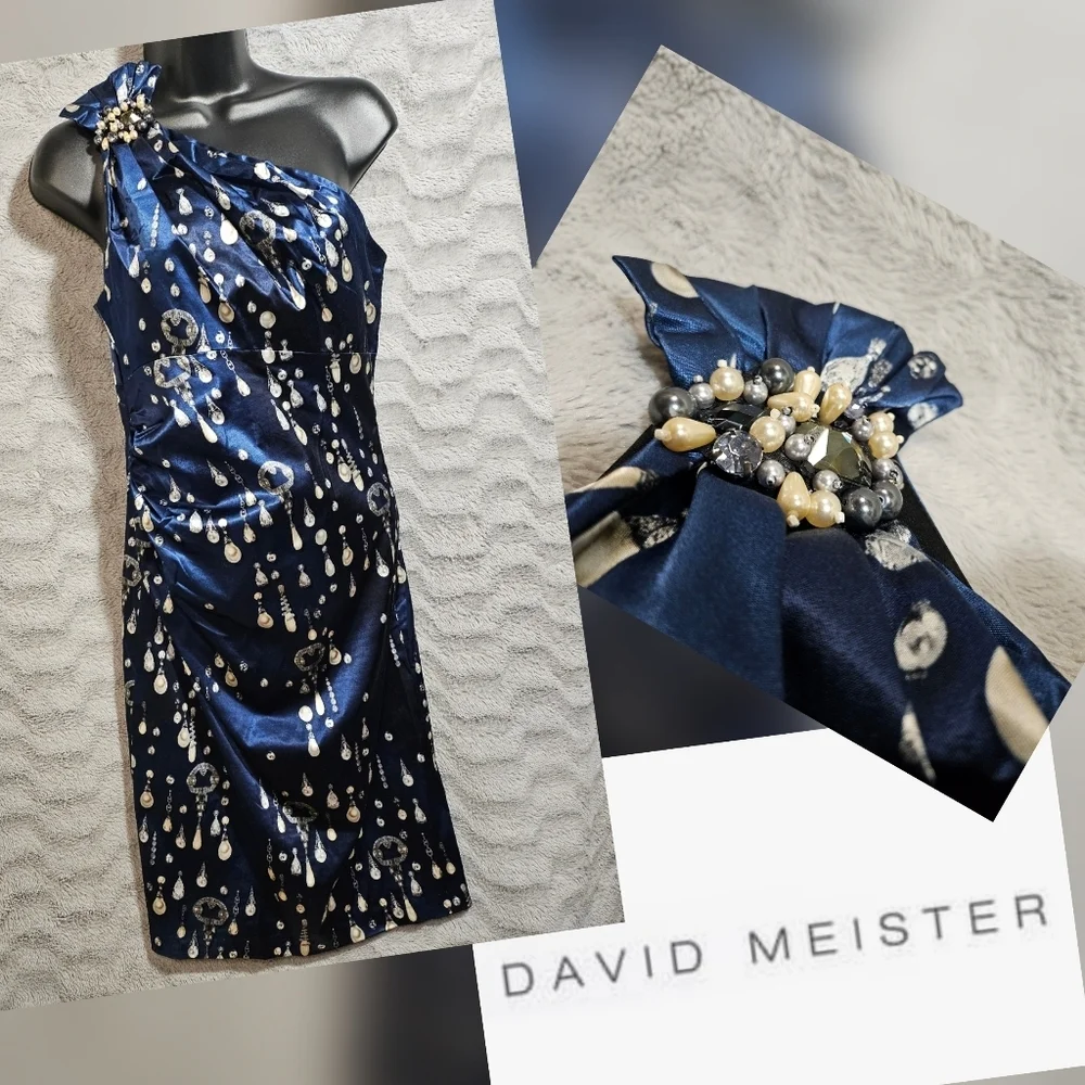 David Meister Blue Pearl Satin One Shoulder Sheath Cocktail Dress Jewel Print 6 - Picture 3 of 13